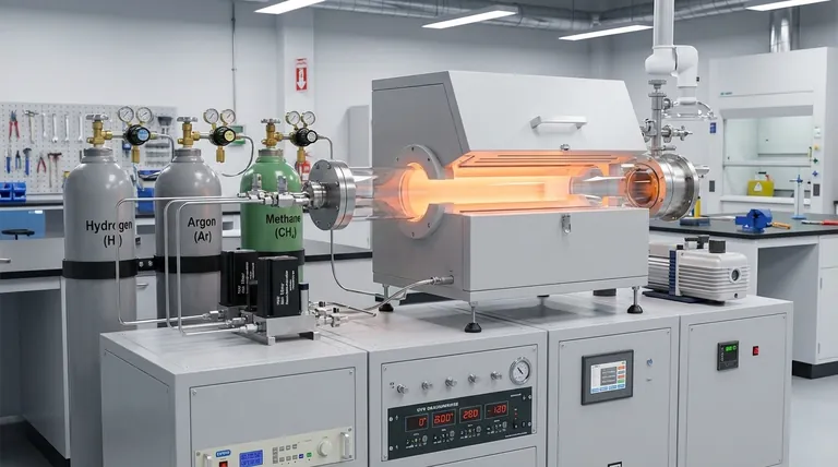 Qual gás serve como gás de arraste na síntese de grafeno por CVD? Dominando H₂ e Ar para Qualidade Superior