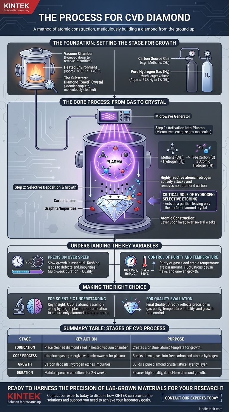 ما هي عملية الماس المصنوع بتقنية الترسيب الكيميائي للبخار (CVD)؟ بناء ذرة الماس ذرة تلو الأخرى دليل مرئي