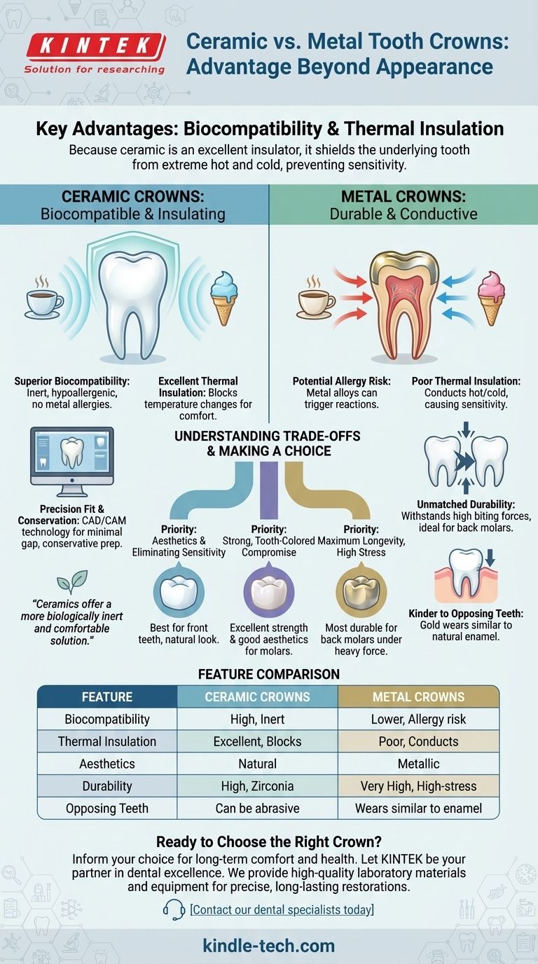 ما هي ميزة أخرى لاستخدام السيراميك بدلاً من المعادن لتيجان الأسنان؟ التخلص من حساسية درجة الحرارة والحساسية دليل مرئي