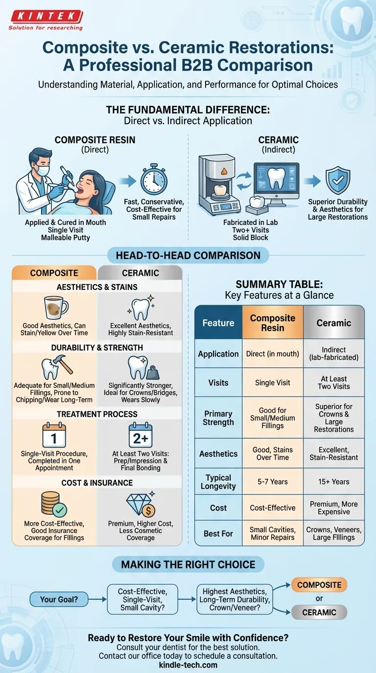 Qual é a diferença entre restauração de compósito e cerâmica? Escolhendo o material certo para o seu sorriso Guia Visual
