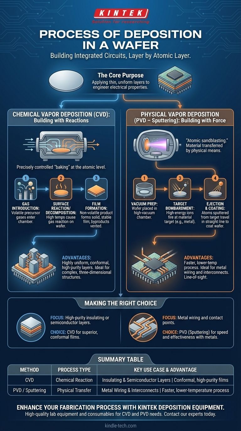 ما هي عملية الترسيب في الرقاقة؟ دليل لطرق الترسيب الكيميائي بالبخار (CVD) والترسيب الفيزيائي بالبخار (PVD) دليل مرئي