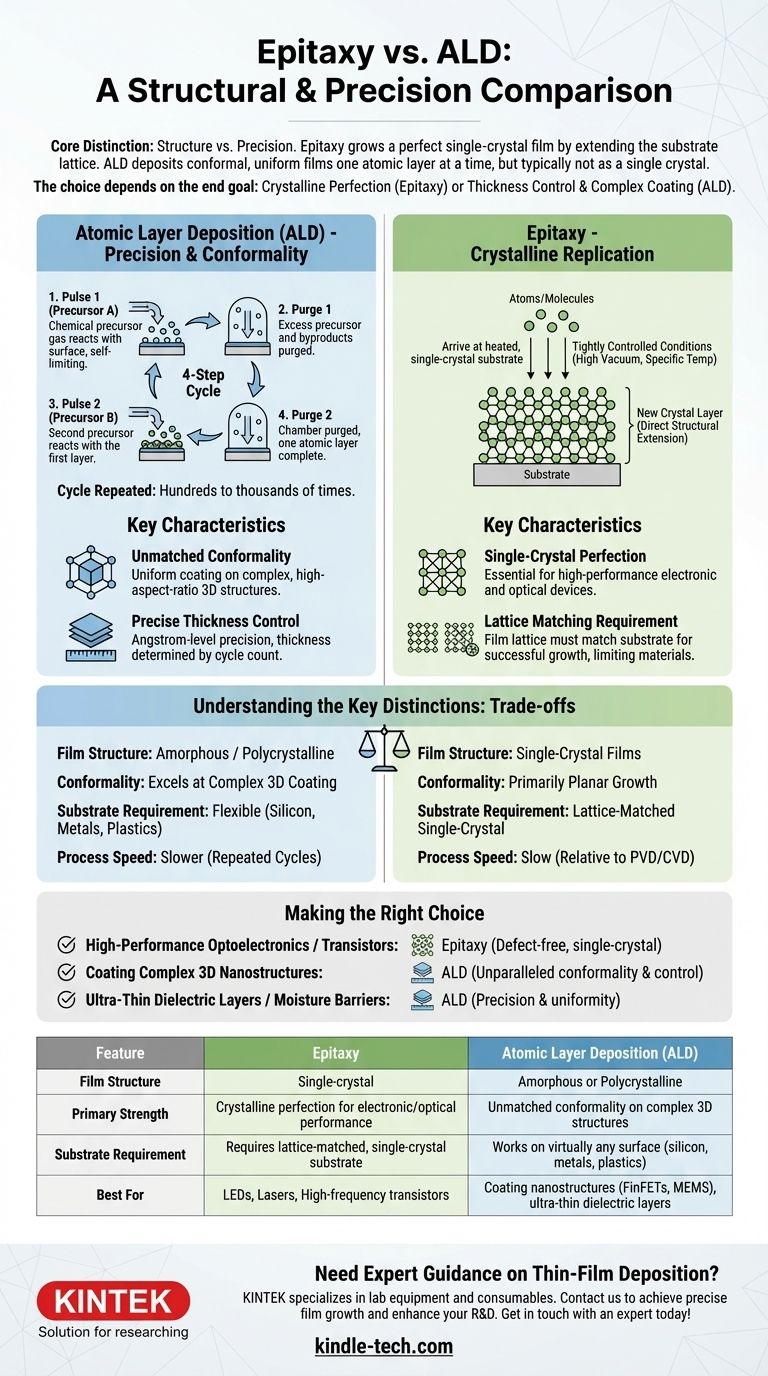ما هو الفرق بين الترسيب الطبقي الذري (ALD) والترسيب الطبقي البلوري (Epitaxy)؟ اختر طريقة الترسيب المناسبة للطبقة الرقيقة دليل مرئي