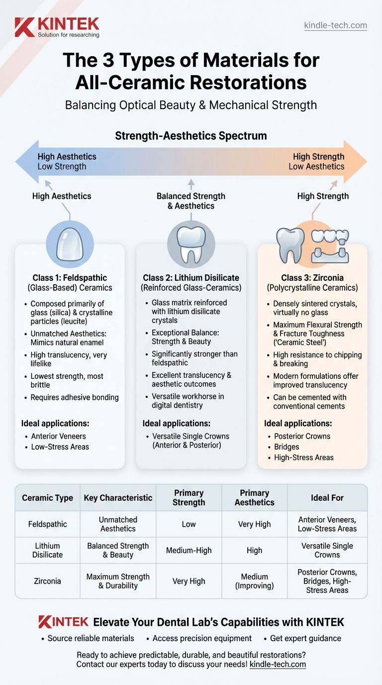 What are the 3 types of materials used for all-ceramic restorations? Master the Aesthetics vs. Strength Trade-Off Visual Guide