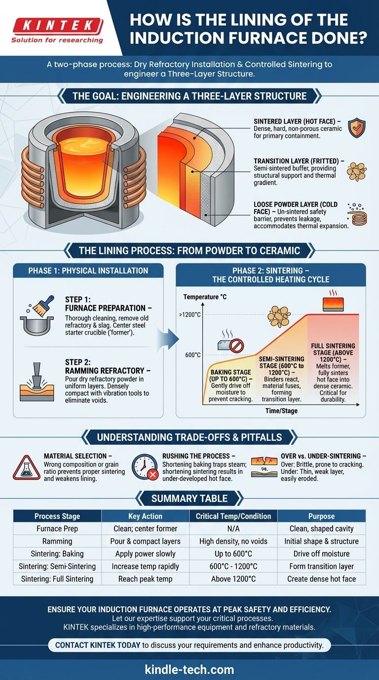 Wie wird der Tiegel eines Induktionsofens ausgekleidet? Beherrschen Sie die entscheidenden Schritte für einen sicheren, langlebigen Tiegel Visuelle Anleitung