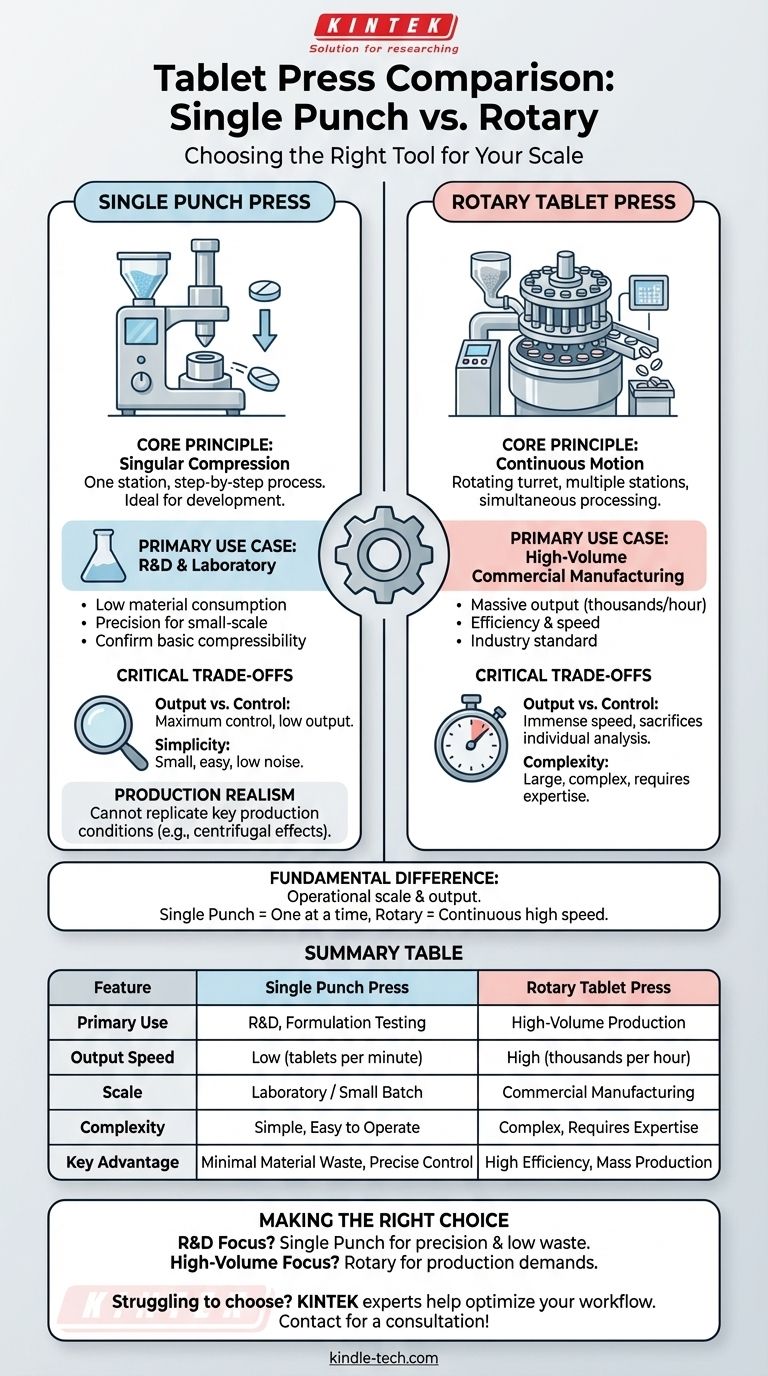 Qual è la differenza tra una pressa per compresse a punzone singolo e una rotativa? Scegli la macchina giusta per il tuo laboratorio o la tua produzione Guida Visiva