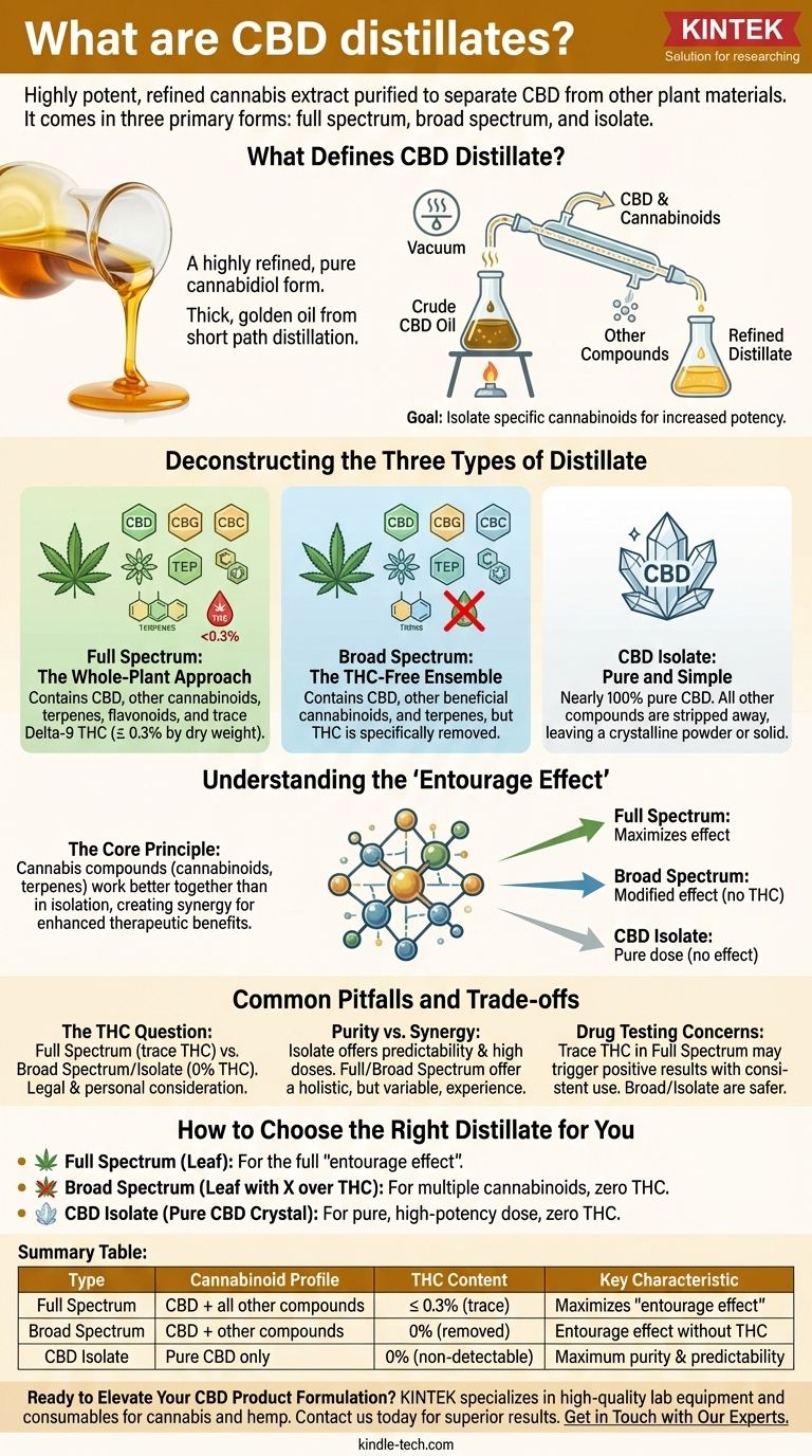 Que sont les distillats de CBD ? Découvrez les différences clés entre le spectre complet, le spectre large et l'isolat Guide Visuel