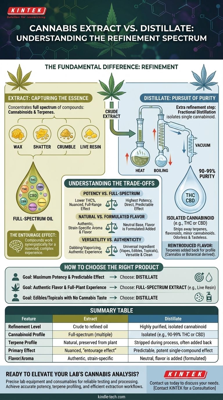 大麻抽出物とディスティレートの違いは何ですか？効力とフルスペクトラム効果のガイド ビジュアルガイド