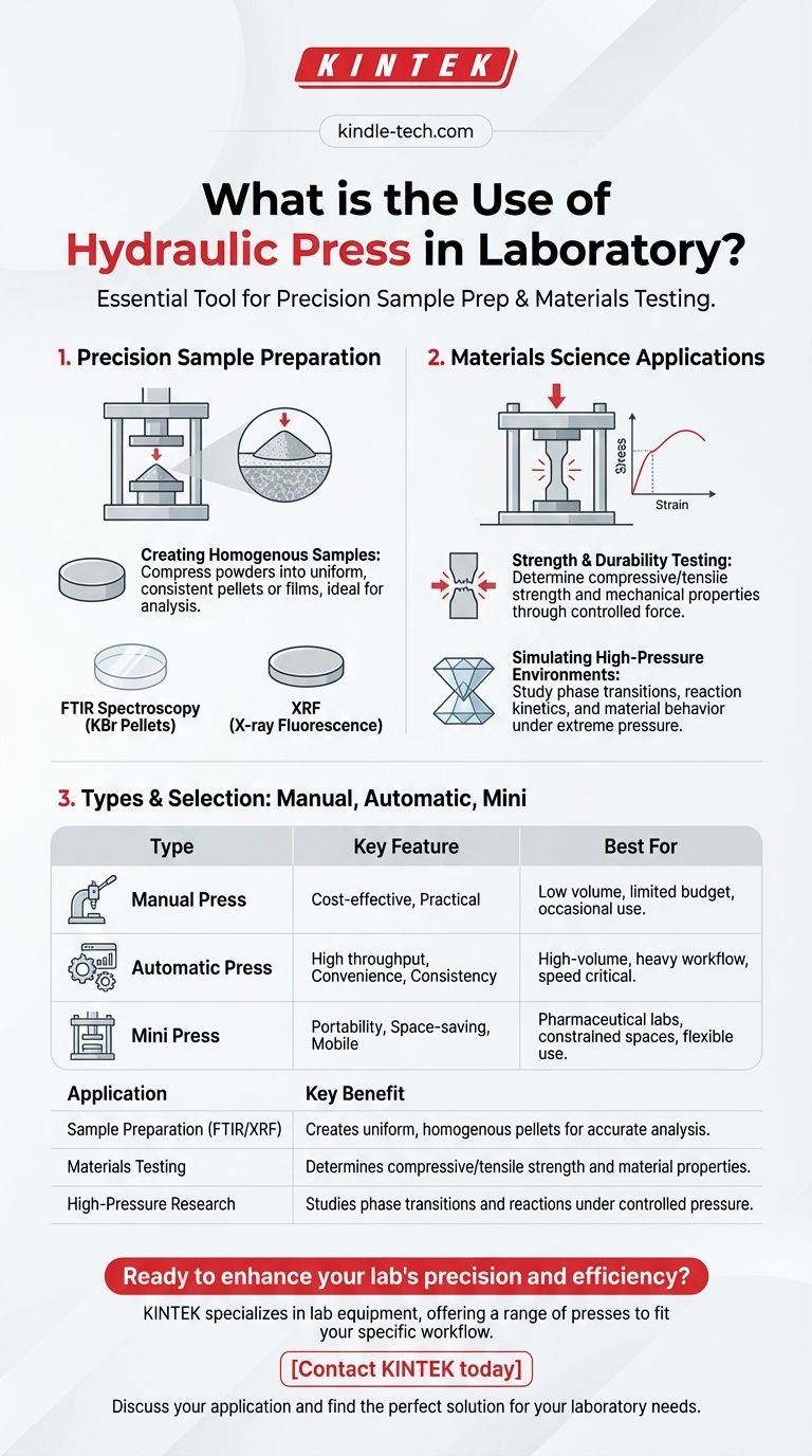 실험실에서 유압 프레스는 어떤 용도로 사용되나요? 정밀한 시료 준비 및 재료 테스트 달성 시각적 가이드