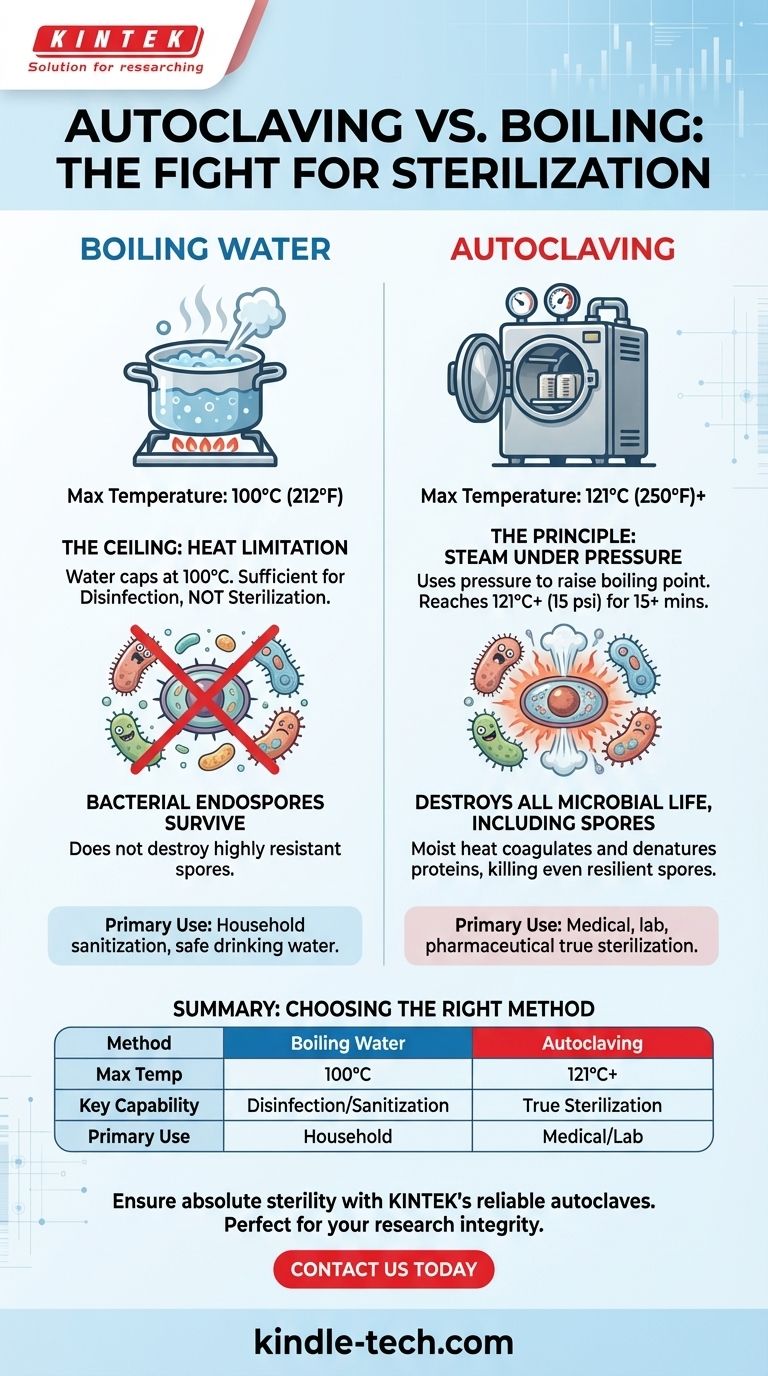 ¿Por qué se utiliza el autoclave en lugar de agua hirviendo para la esterilización? Logre una verdadera esterilidad para su laboratorio Guía Visual