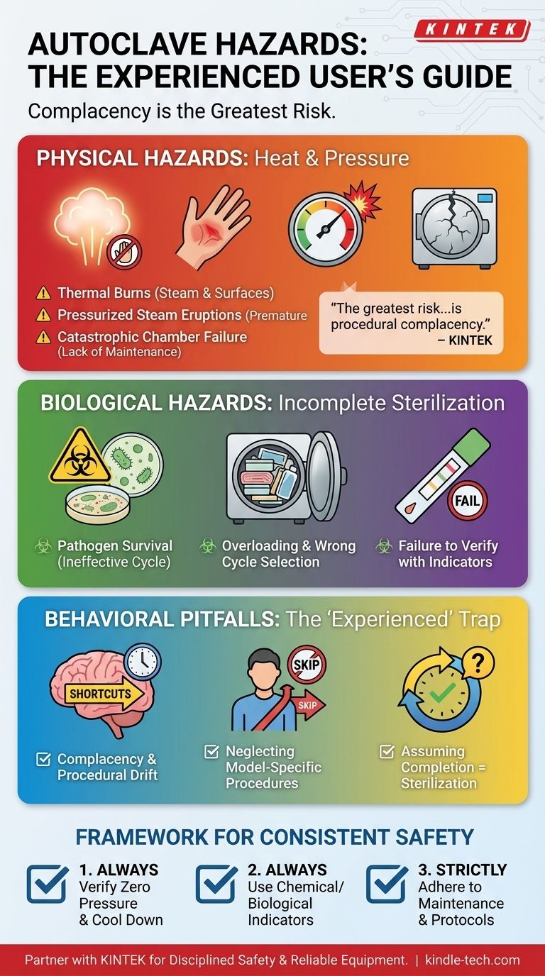 ¿Qué tipo de peligro puede experimentar el personal de laboratorio con experiencia en el manejo de autoclaves? Evite la complacencia con estos riesgos críticos Guía Visual