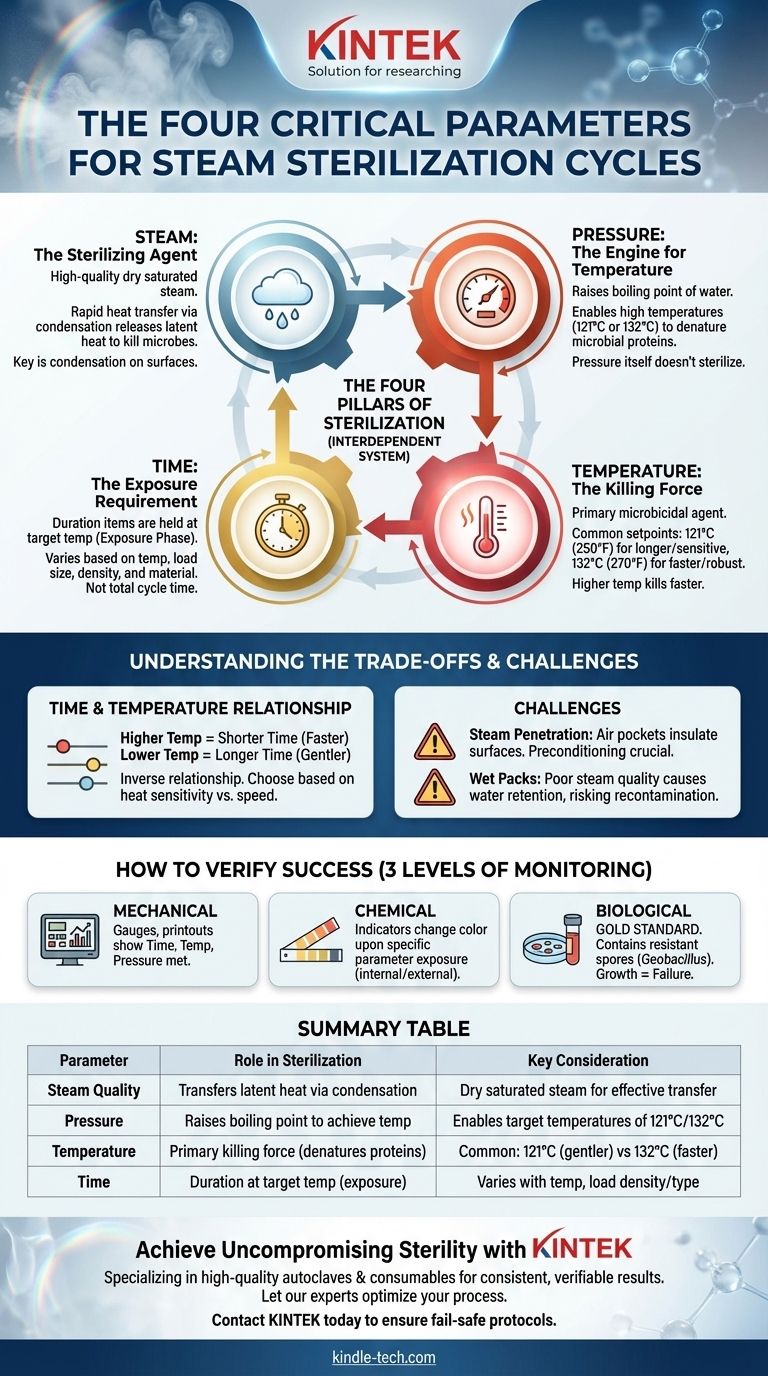 What are the four 4 conditions parameters for a steam Sterilisation cycle? Ensure Complete Sterility Every Time Visual Guide