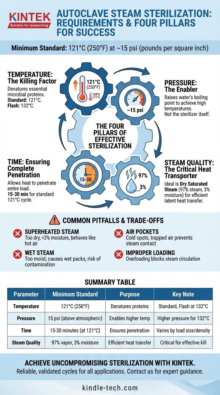 고압멸균 증기 멸균에 필요한 최소 온도 및 압력 요구사항은 무엇입니까? 실험실에서 완전한 멸균을 보장하세요 시각적 가이드