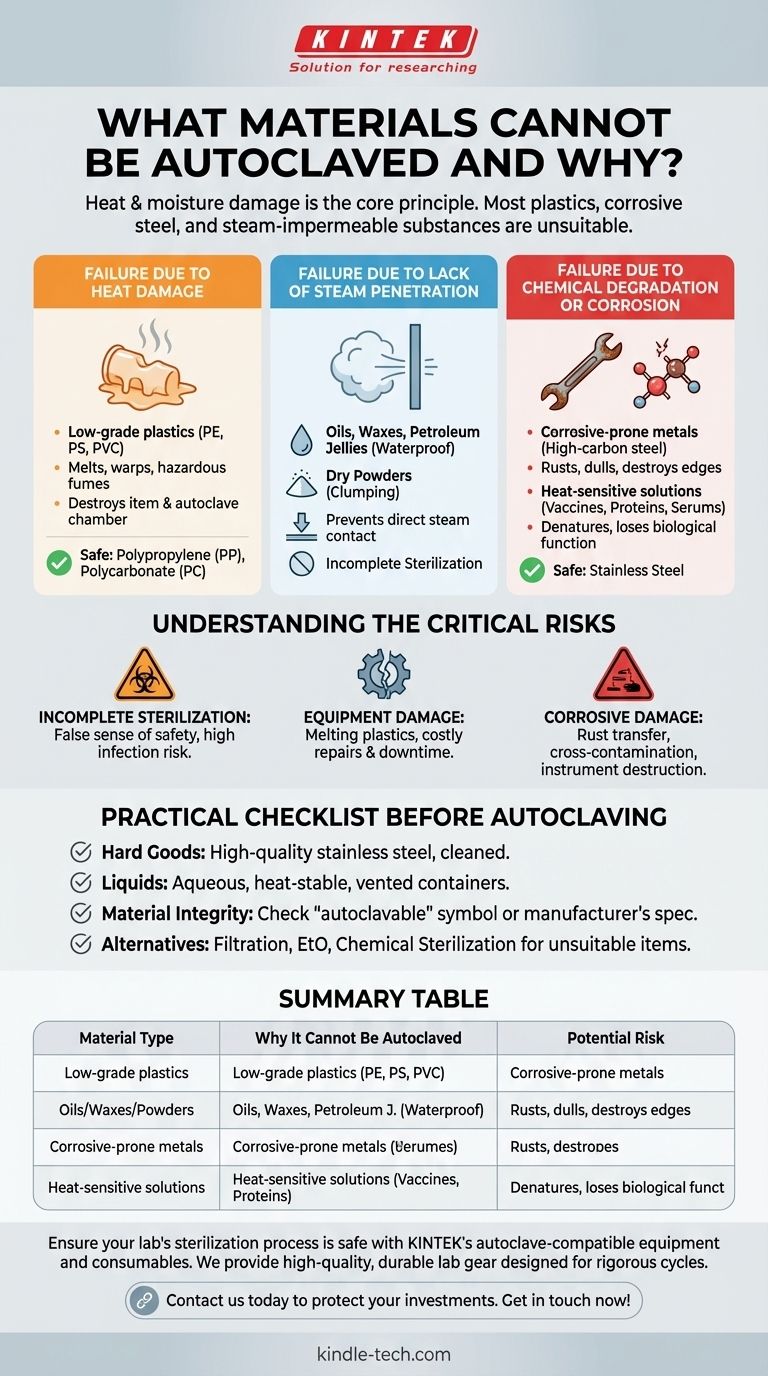 Welche Materialien können nicht autoklaviert werden und warum? Schützen Sie Ihre Laborausrüstung und gewährleisten Sie die Sterilität Visuelle Anleitung