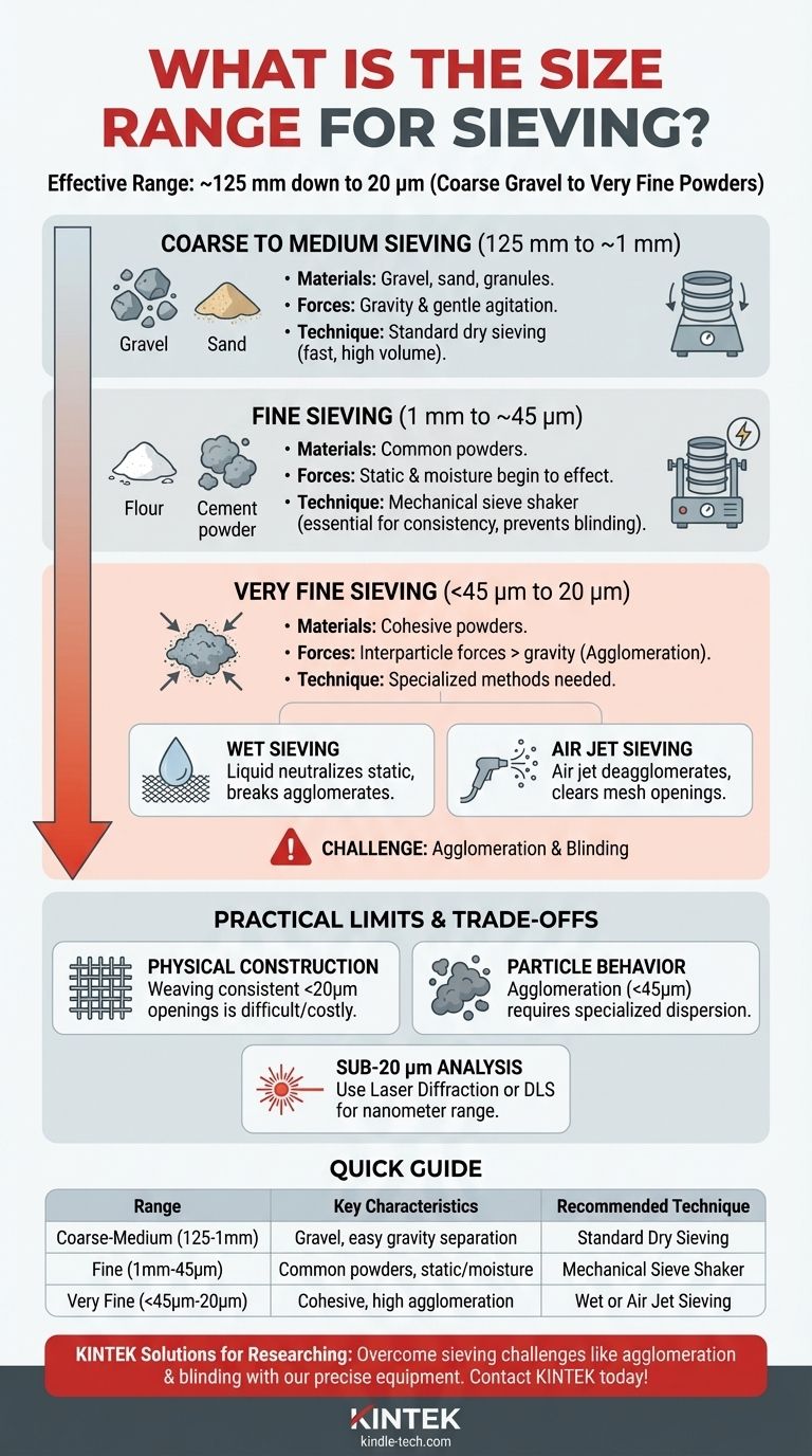 What is the size range for sieving? From 125mm Gravel to 20µm Powders Visual Guide