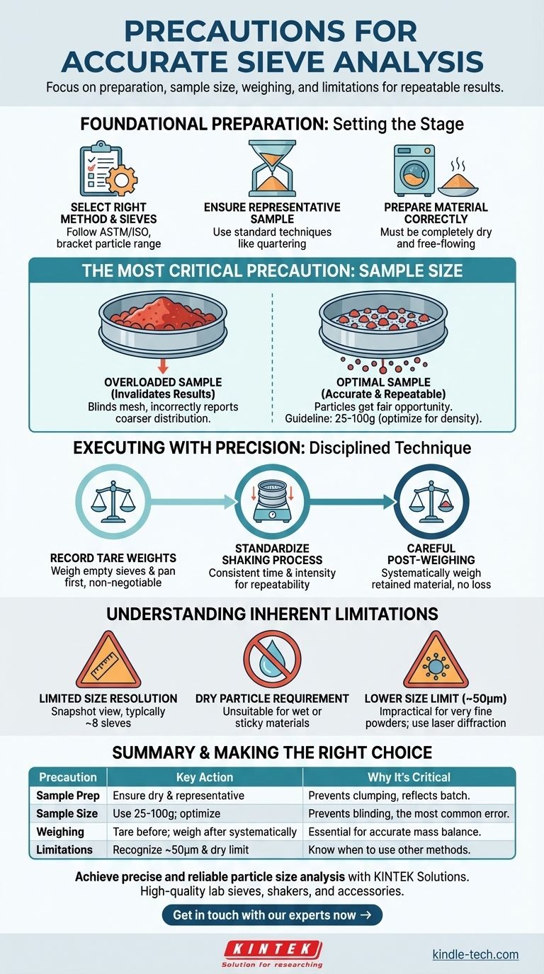 What precautions should be taken during sieve analysis? Ensure Accurate & Repeatable Particle Size Results Visual Guide