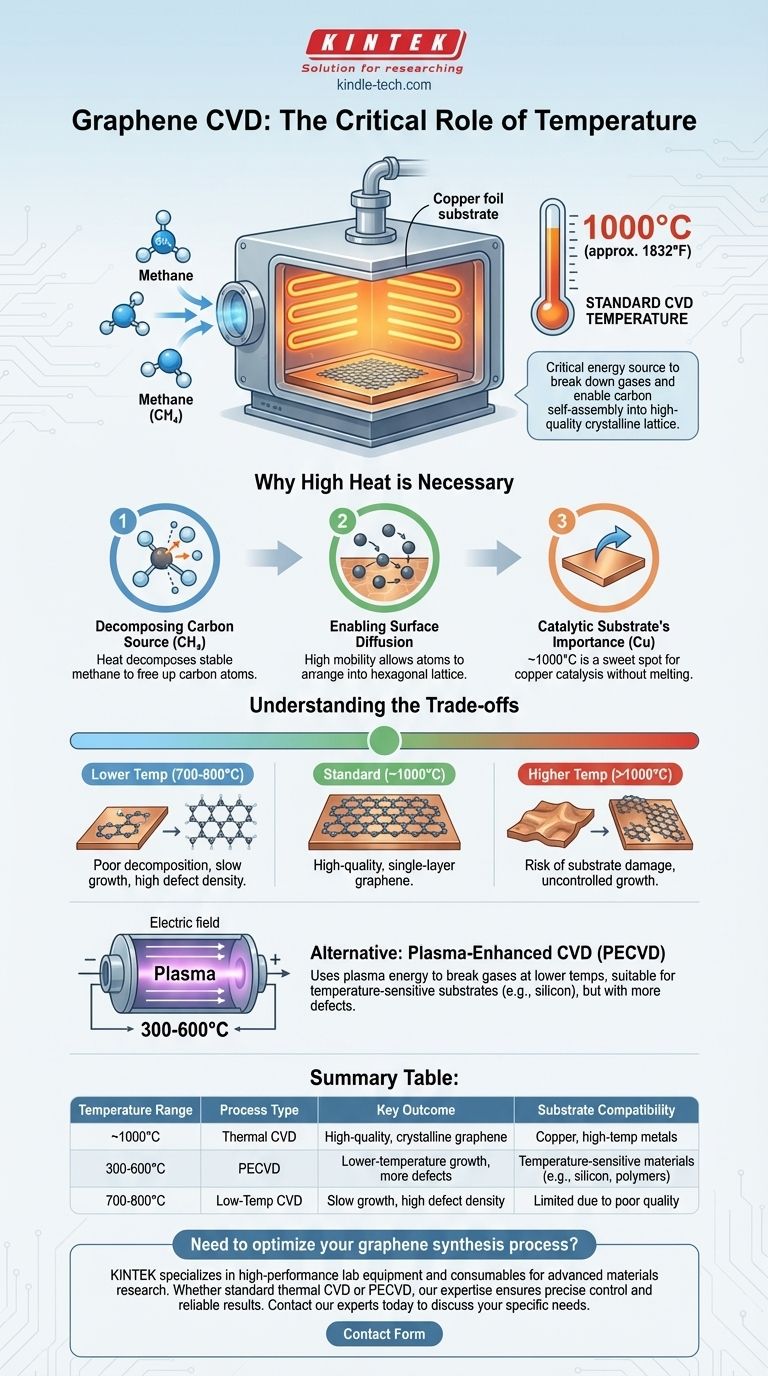ما هي درجة الحرارة التي يحدث عندها ترسيب البخار الكيميائي للجرافين؟ الدور الحاسم لـ 1000 درجة مئوية للنمو عالي الجودة دليل مرئي
