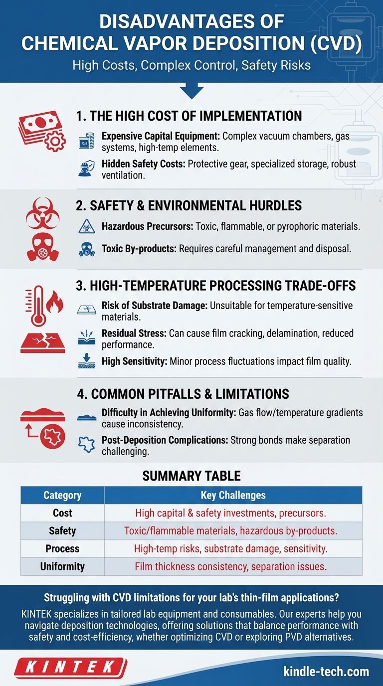 ما هي عيوب الترسيب الكيميائي للبخار (CVD)؟ التكاليف المرتفعة، ومخاطر السلامة، وتعقيدات العملية دليل مرئي