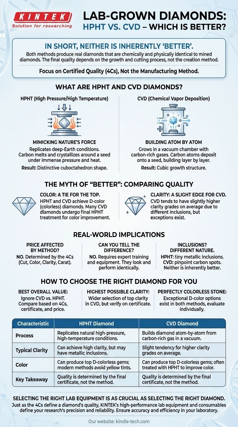 Qual è il migliore, diamante coltivato in laboratorio, CVD o HPHT? Concentrati sulle 4C, non sul metodo. Guida Visiva