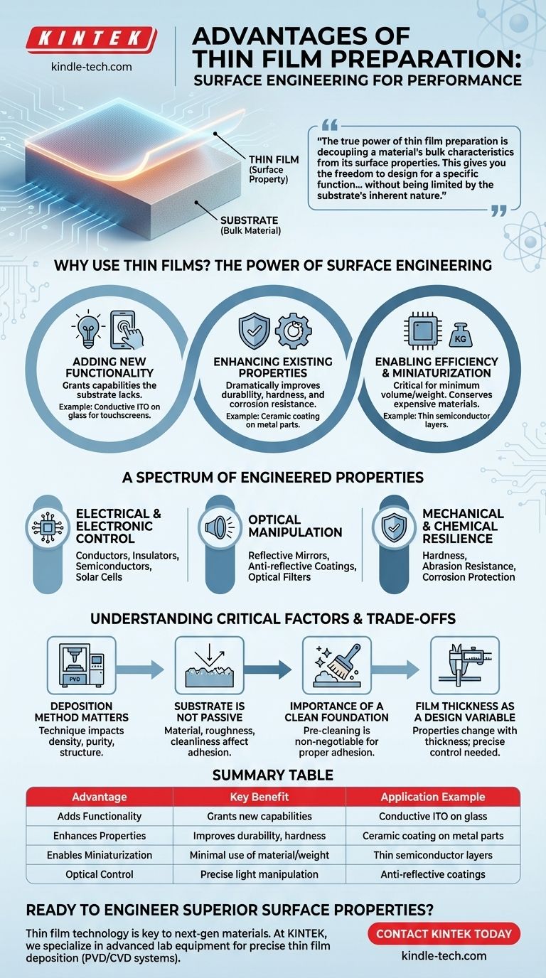 Quali sono i vantaggi della preparazione di film sottili? Sblocca le proprietà superficiali per materiali ad alte prestazioni Guida Visiva