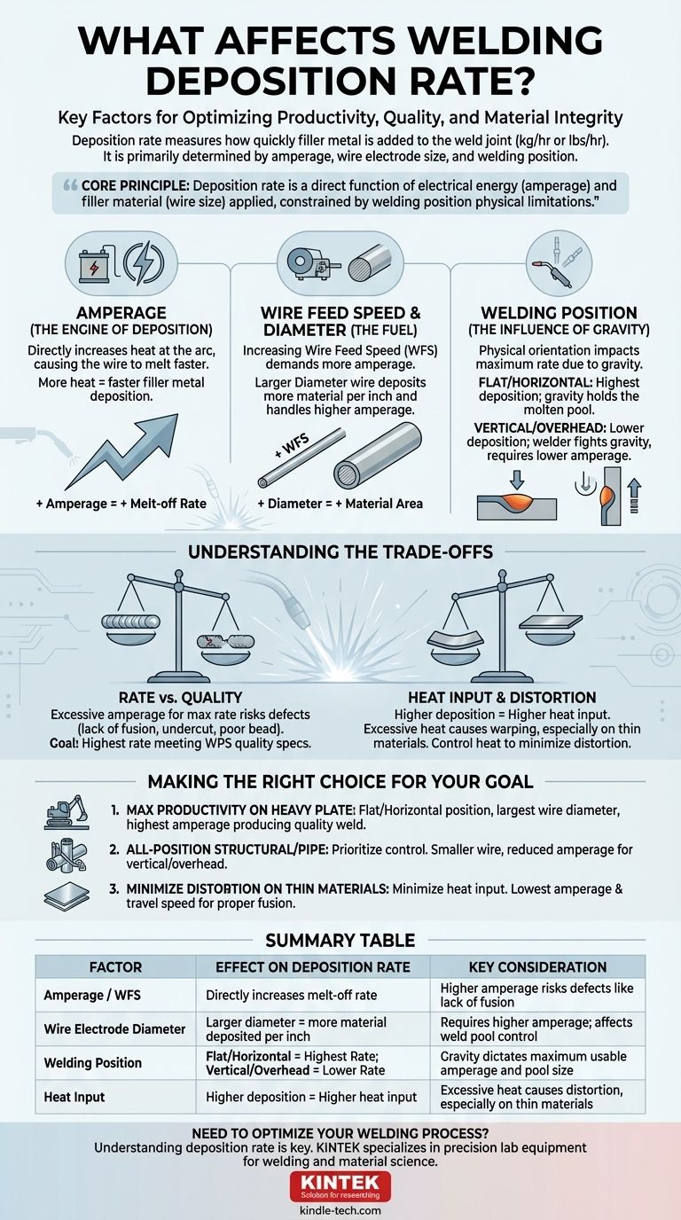 ¿Qué afecta la tasa de deposición en la soldadura? Domine el amperaje, el tamaño del alambre y la posición para una velocidad óptima Guía Visual