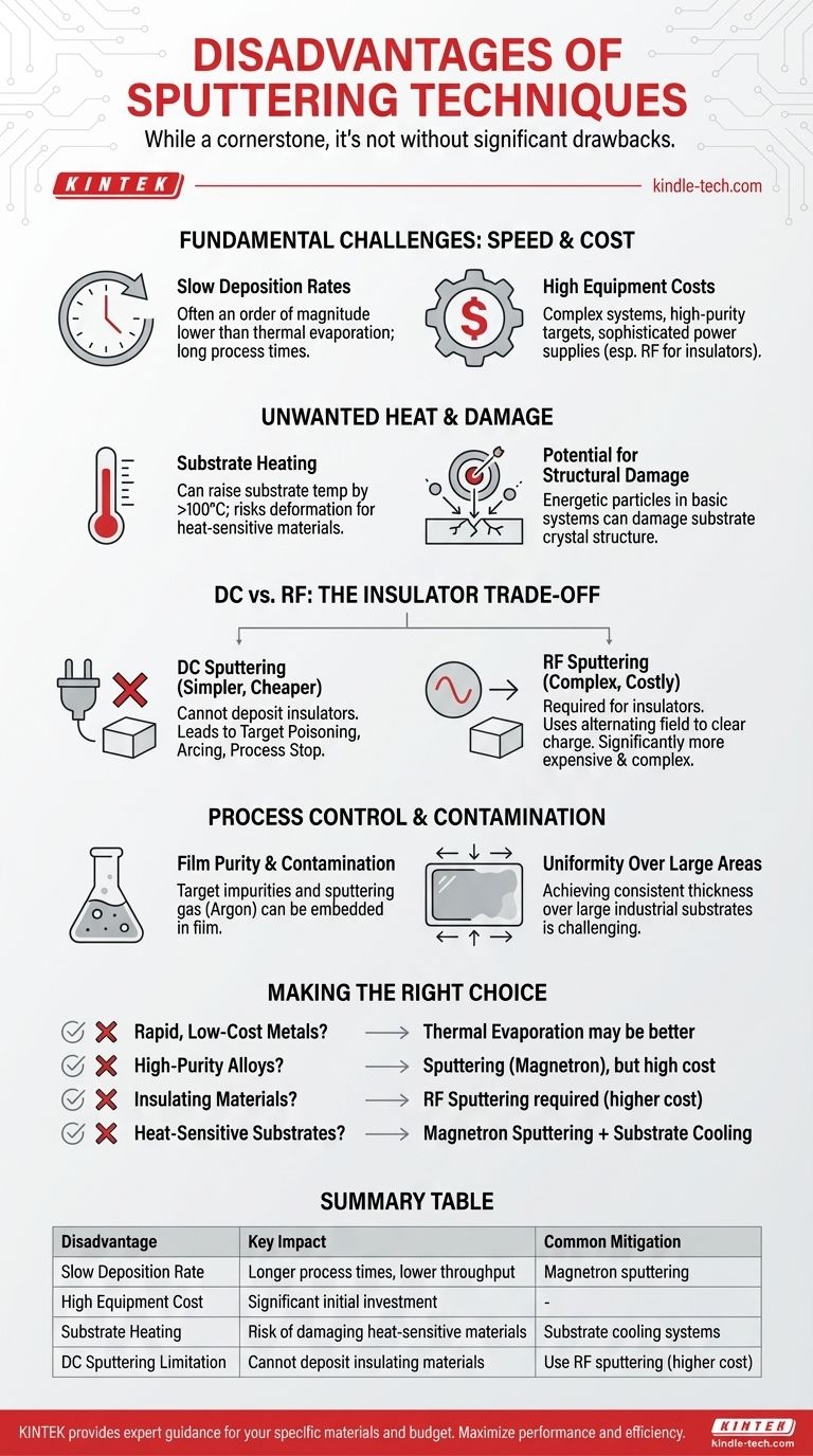 ¿Cuáles son las desventajas de las técnicas de pulverización catódica (sputtering)? Velocidad más lenta, costos más altos y limitaciones de materiales Guía Visual