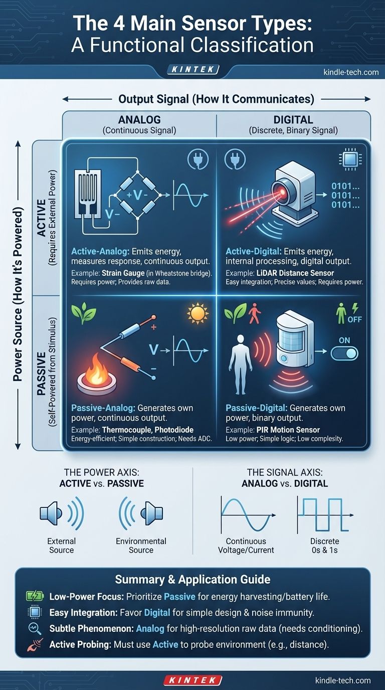 ما هي الأنواع الأربعة الرئيسية لأجهزة الاستشعار؟ دليل لمصدر الطاقة ونوع الإشارة دليل مرئي