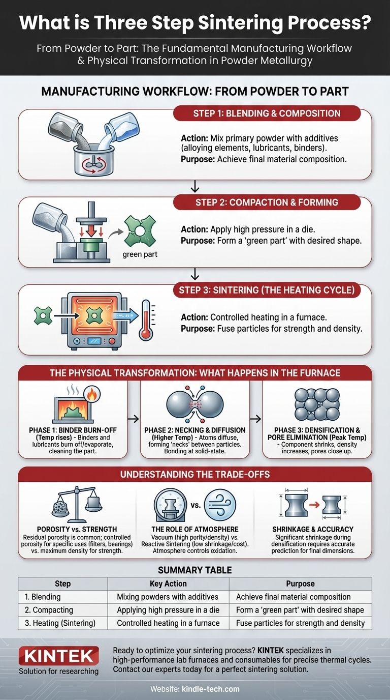 Cos'è il processo di sinterizzazione in tre fasi? Una guida alla miscelazione, compattazione e riscaldamento Guida Visiva