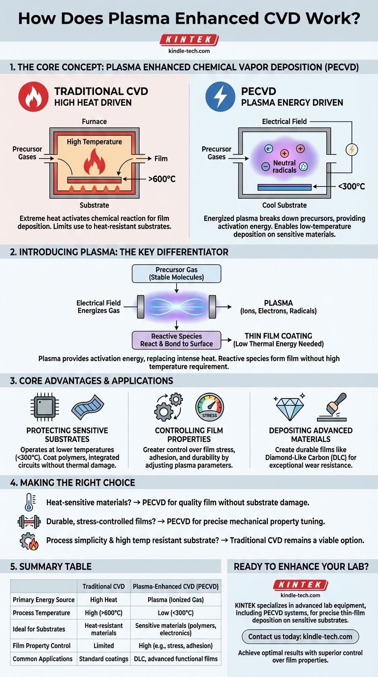 Как работает плазменно-усиленное химическое осаждение из газовой фазы (PECVD)? Достижение низкотемпературного высококачественного осаждения тонких пленок Визуальное руководство