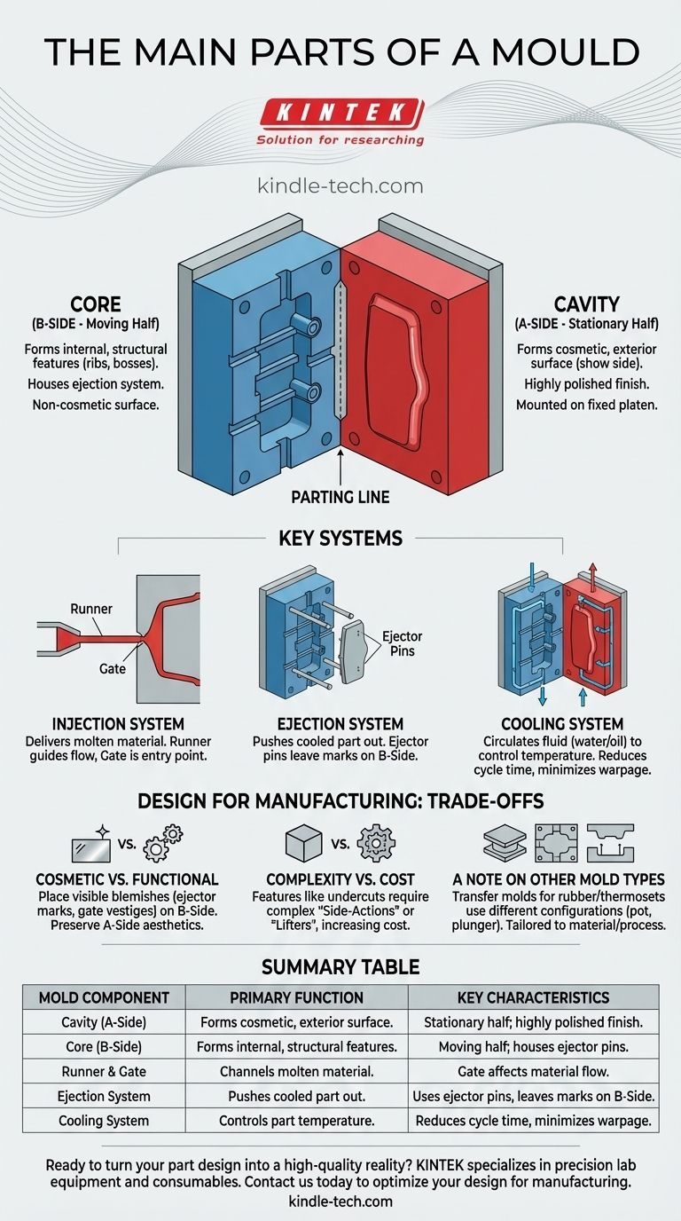 ما هي الأجزاء الرئيسية للقالب؟ فهم نظام التجويف (Cavity) والقلب (Core) والأنظمة الأساسية دليل مرئي