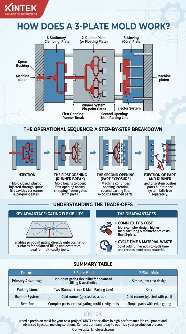 ¿Cómo funciona un molde de 3 placas? Una guía para el moldeo por inyección avanzado para piezas complejas Guía Visual