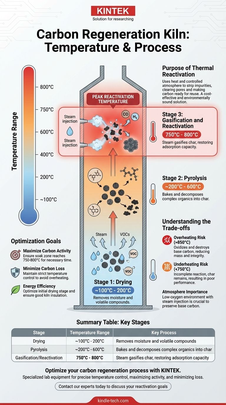 Wie hoch ist die Temperatur eines Kohle-Regenerierungsofens? Beherrschen Sie den 750-800°C-Reaktivierungsprozess Visuelle Anleitung