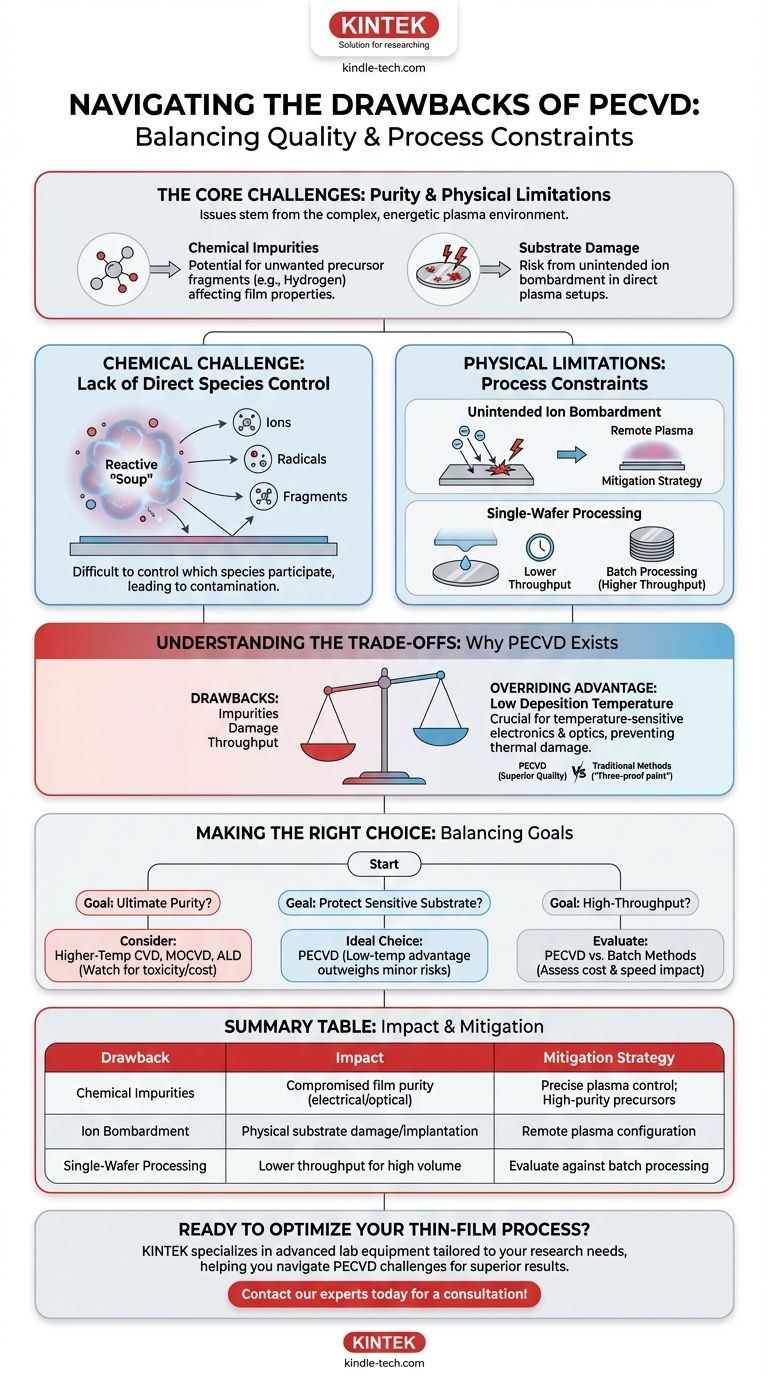 ما هي عيوب الترسيب الكيميائي للبخار المعزز بالبلازما (PECVD)؟ فهم المفاضلات في الترسيب في درجات الحرارة المنخفضة دليل مرئي