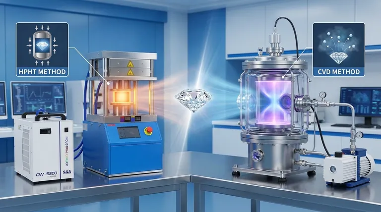ما هي الآلة المطلوبة لصنع الماس؟ شرح مكبس الضغط العالي والحرارة العالية (HPHT) مقابل مفاعل الترسيب الكيميائي بالبخار (CVD)