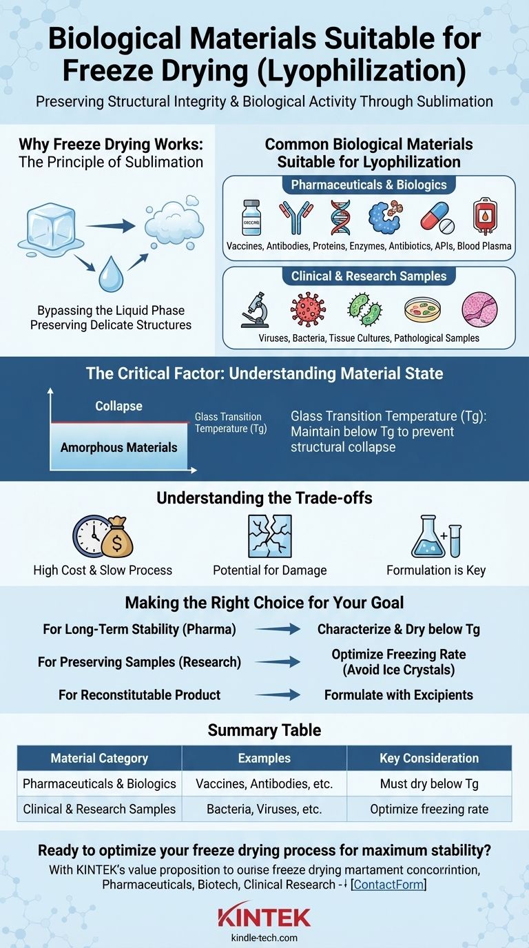 フリーズドライに適した生物学的材料の種類は？安定性と活性を維持する ビジュアルガイド