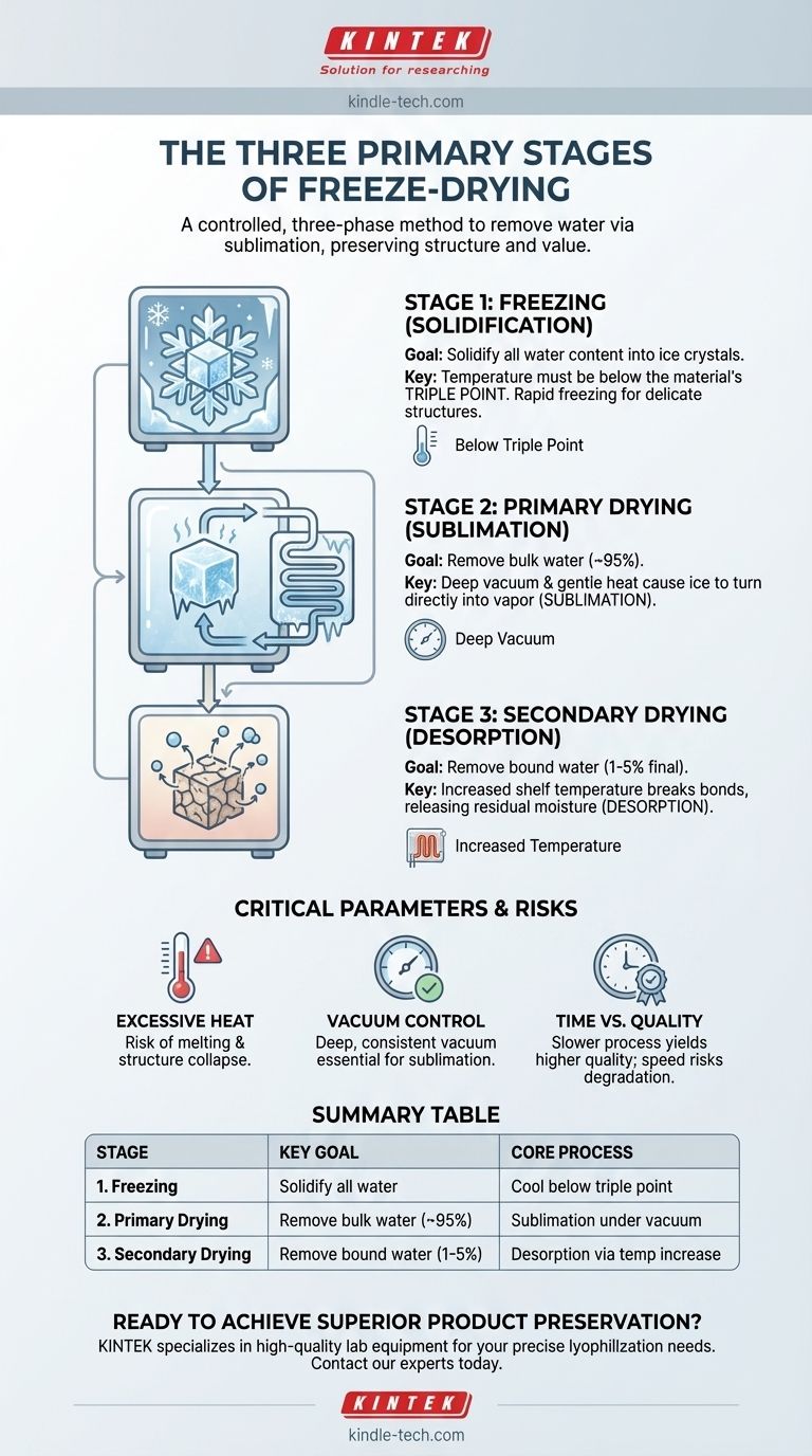 Quais são as três etapas primárias do processo de liofilização? Domine a Liofilização Precisa para o Seu Laboratório Guia Visual