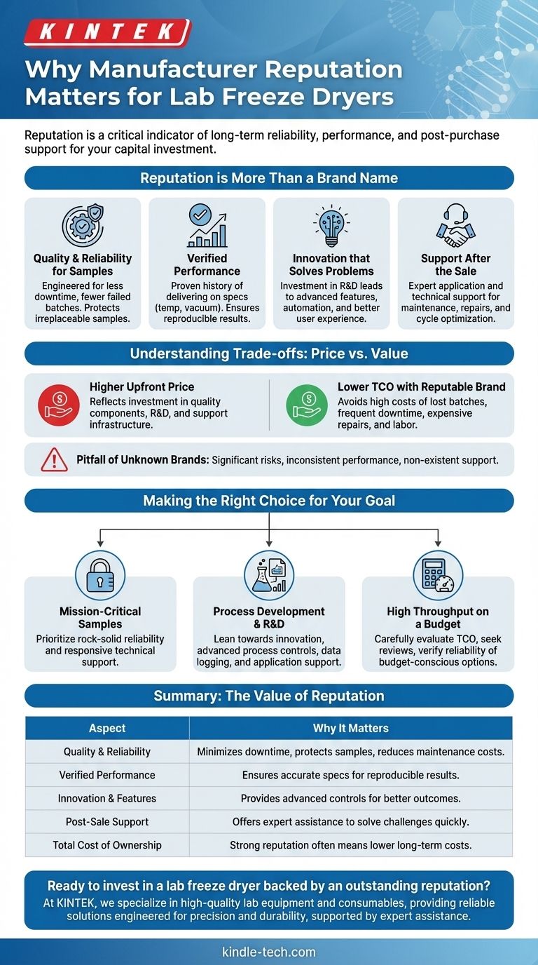 Почему репутация производителя важна при выборе лабораторной лиофильной сушилки? Обеспечьте долгосрочную надежность для ваших образцов Визуальное руководство