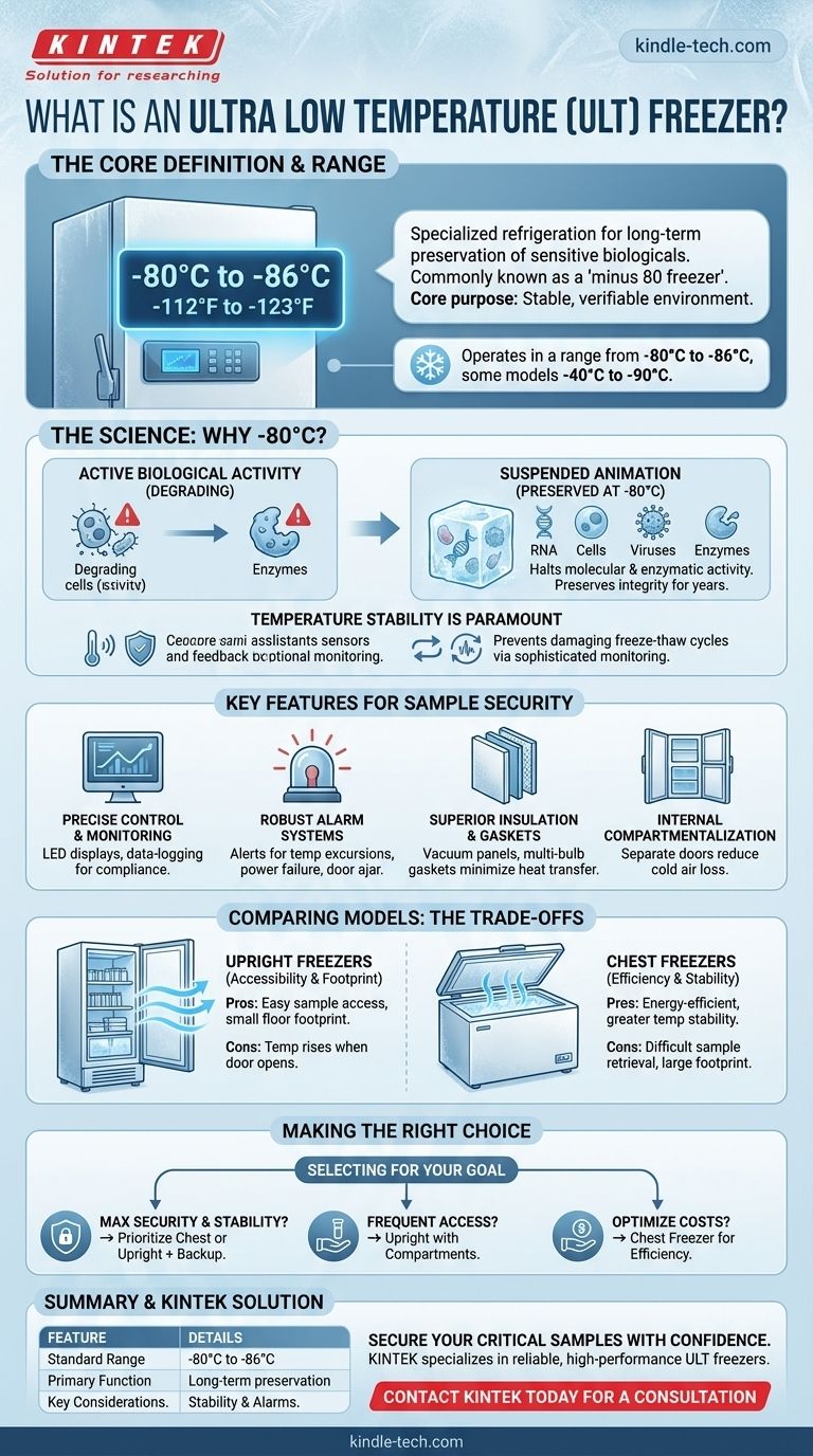 O que é um freezer de ultrabaixa temperatura (ULT) e qual faixa de temperatura ele mantém? Guia Essencial para a Segurança de Amostras Guia Visual