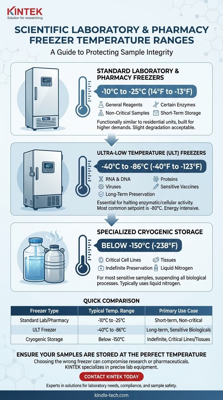 Quais faixas de temperatura os freezers científicos de laboratório e farmácia geralmente controlam? Um Guia para a Integridade da Amostra Guia Visual