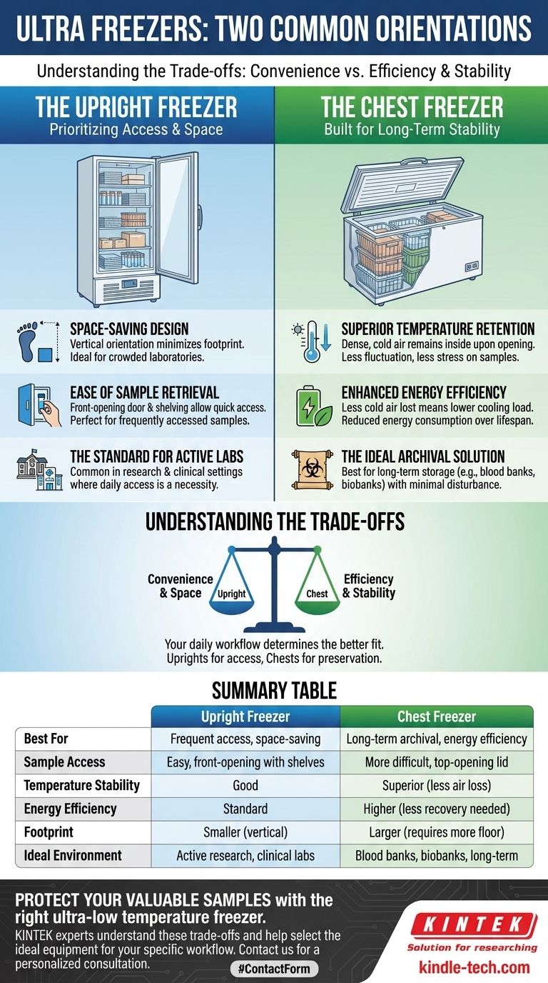 What are the two common orientations of Ultra Freezers? Upright vs. Chest for Your Lab Visual Guide