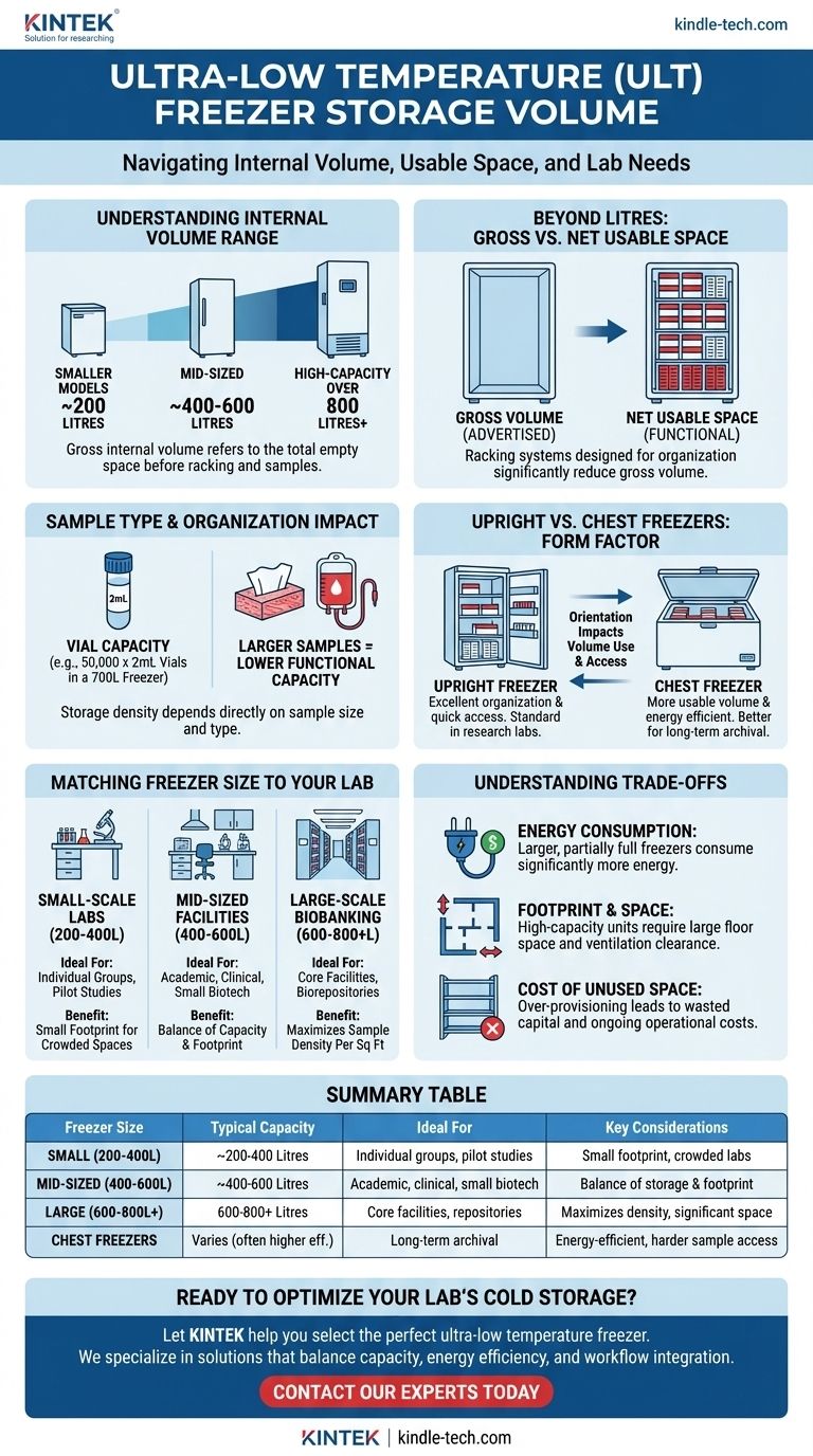 What is the internal storage volume range of Ultra Freezers? From 200L to 800L+ to Match Your Lab's Needs Visual Guide