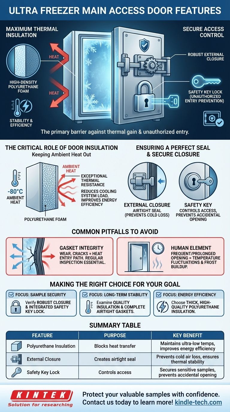 ¿Qué características tiene la puerta de acceso principal de un Ultra Freezer? Garantizar la máxima seguridad y estabilidad térmica Guía Visual