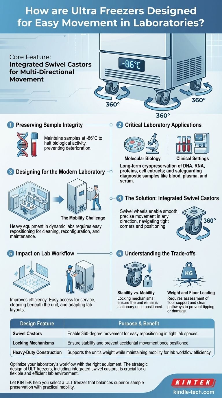 كيف تم تصميم المجمدات فائقة البرودة لتسهيل حركتها في المختبرات؟ أطلق العنان لمرونة المختبر باستخدام العجلات الدوارة دليل مرئي