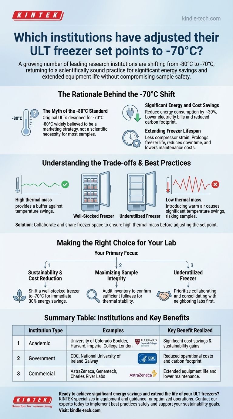 Which institutions have adjusted their ULT freezer set points to -70°C? Save Energy Without Risking Samples Visual Guide