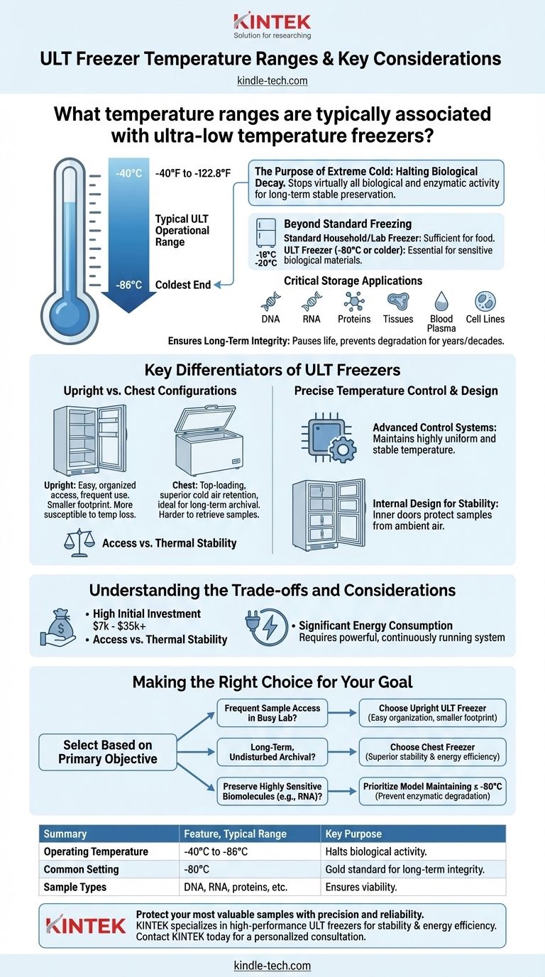 Quais faixas de temperatura estão tipicamente associadas a freezers de temperatura ultrabaixa? Preservar Amostras de -40°C a -86°C Guia Visual