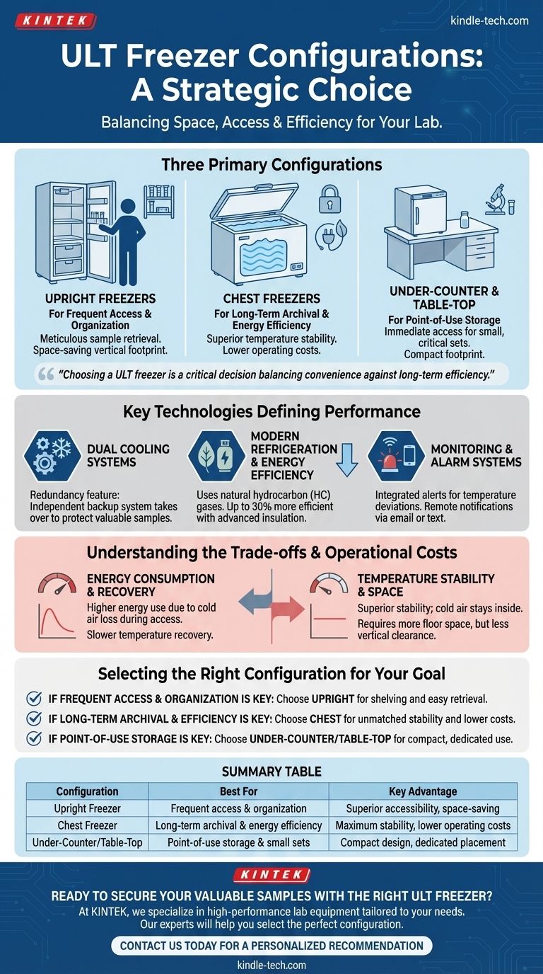 Quais são as diferentes configurações de ultracongeladores (ULT) disponíveis? Escolha o Modelo Certo para o Seu Laboratório Guia Visual