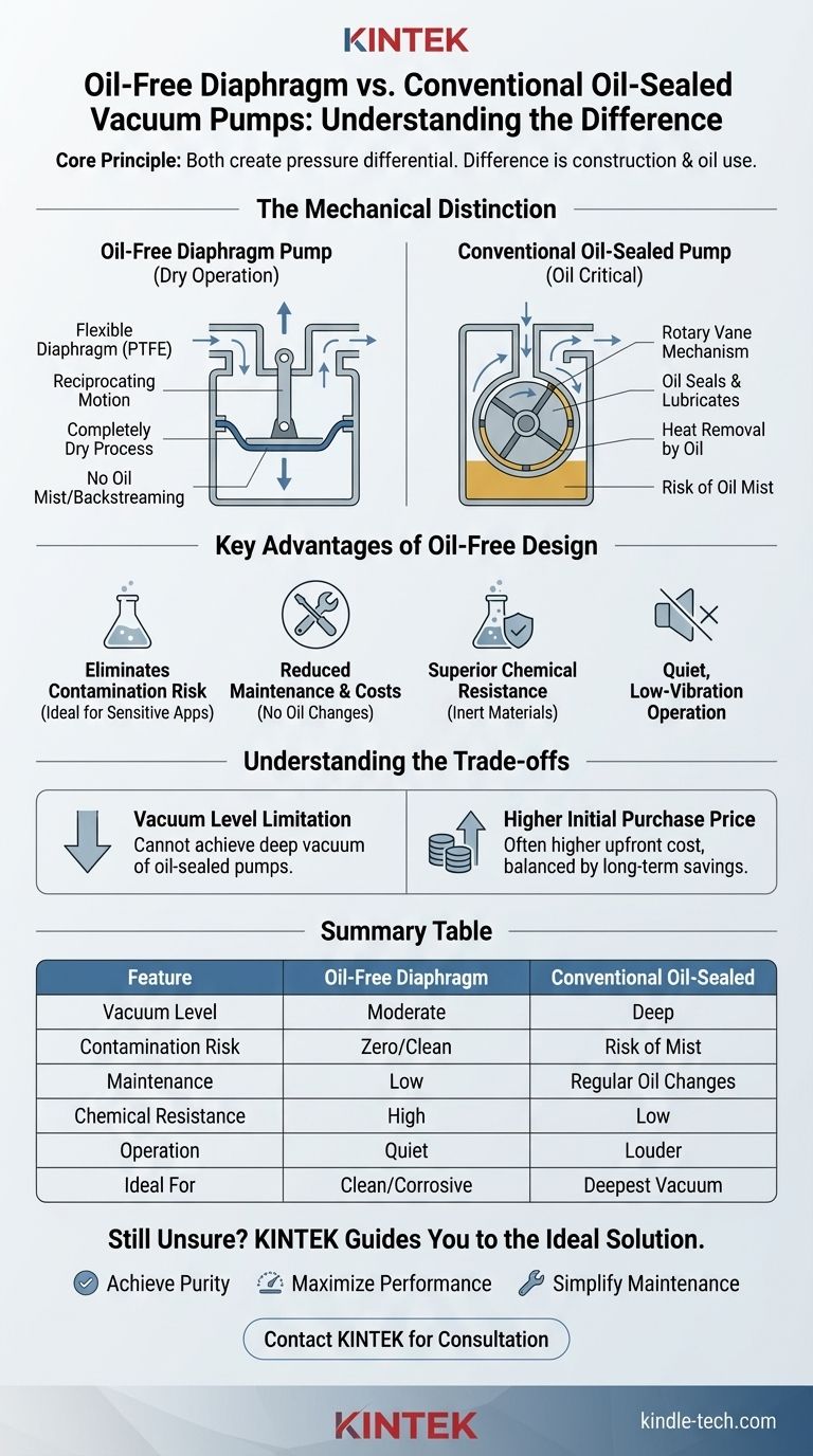 In cosa differisce il funzionamento delle pompe da vuoto a membrana senza olio dalle pompe convenzionali? Una guida al vuoto pulito rispetto al vuoto spinto Guida Visiva