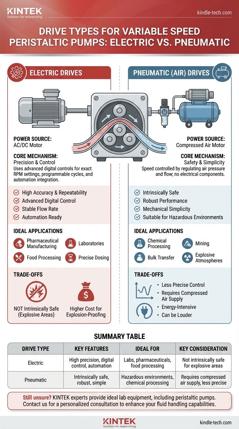 Quais são os tipos de acionamento para bombas peristálticas de velocidade variável? Elétrico vs. Pneumático para Sua Aplicação Guia Visual
