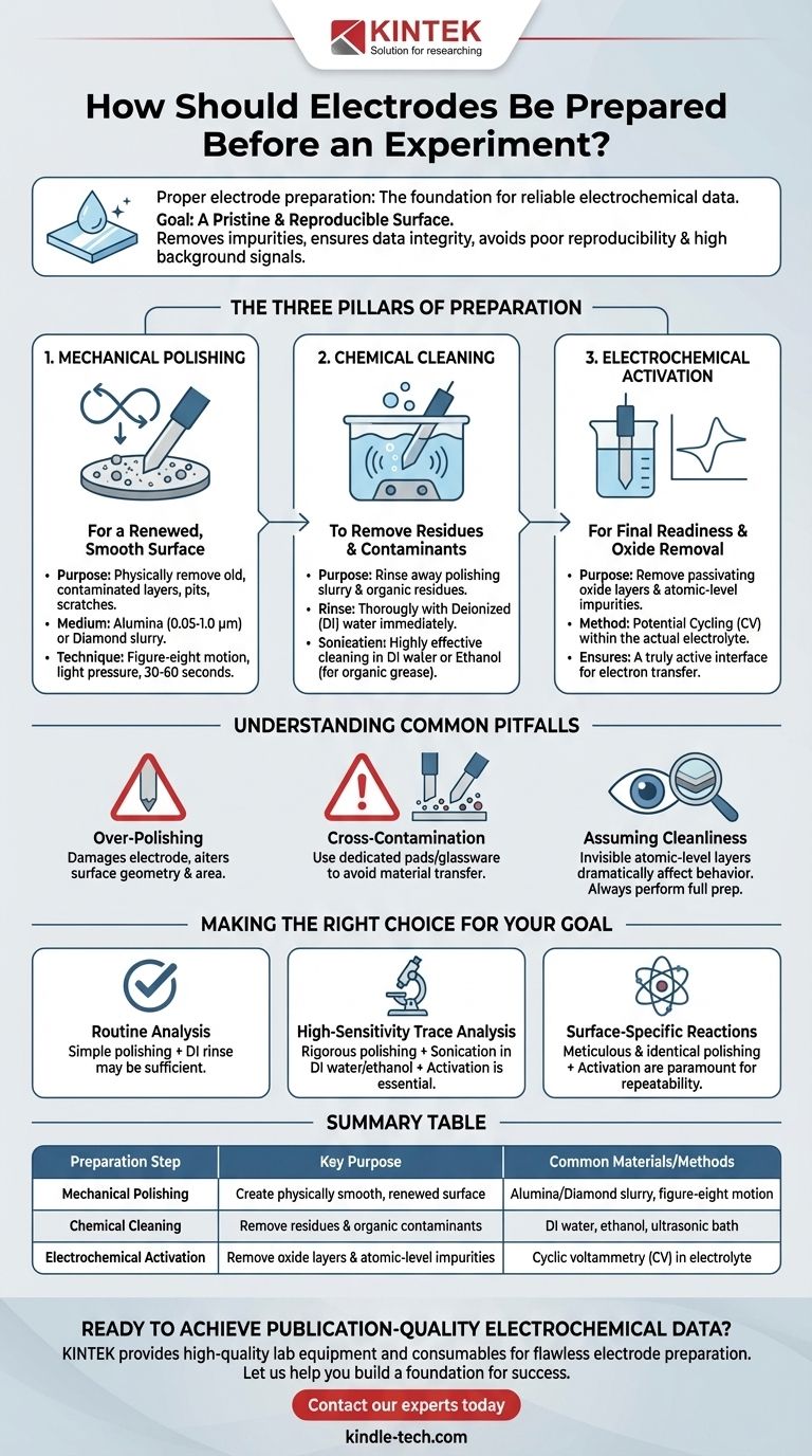 Como os eletrodos devem ser preparados antes de um experimento? Alcance Superfícies Imaculadas para Dados Confiáveis Guia Visual