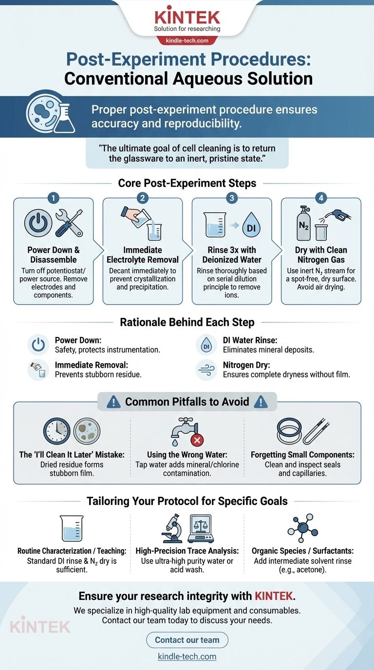 Quelles sont les étapes des procédures post-expérimentales après l'utilisation d'une cellule avec une solution aqueuse conventionnelle ? Assurer la précision et la reproductibilité Guide Visuel