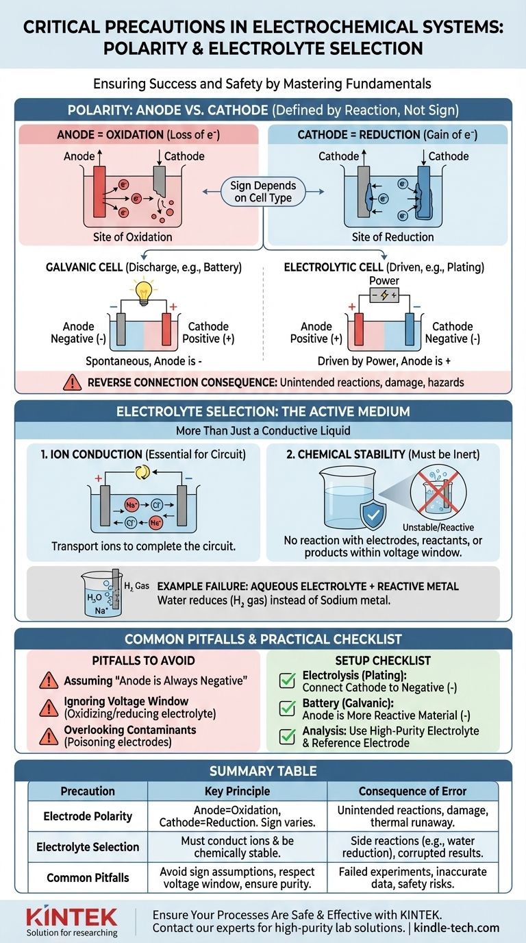 Каковы критические меры предосторожности в отношении полярности электродов и выбора электролита? Обеспечьте безопасные и эффективные электрохимические процессы Визуальное руководство